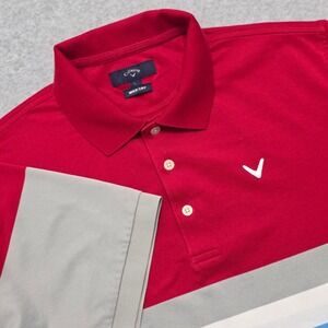 Callaway Golf Polo Shirt Men's Large Red Gray Blue Stripe Performance Quick Dry